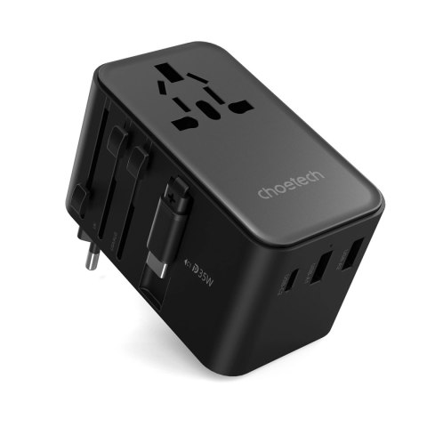 Adapter podróżny Choetech PD5020 35W EU / US / AUS / UK z wbudowanym kablem USB-C - czarny Adapter podróżny Choetech PD5020 35W EU / US / AUS / UK z wbudowanym kablem USB-C - czarny