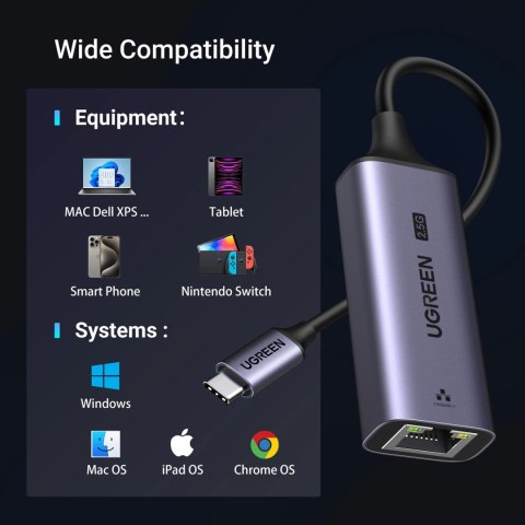Adapter Ugreen CM648 USB-C do RJ45 Ethernet 2.5G - szary Adapter Ugreen CM648 USB-C do RJ45 Ethernet 2.5G - szary