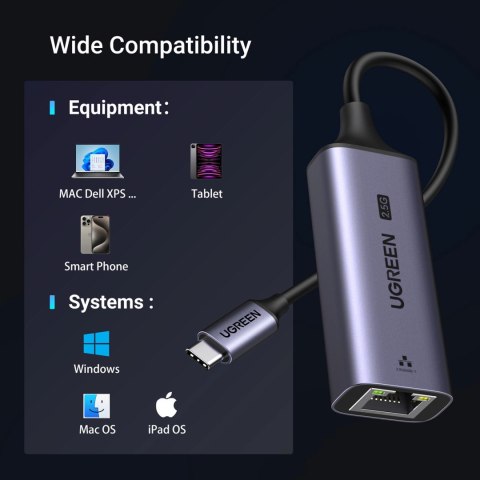 Adapter Ugreen CM648 USB-C do RJ45 Ethernet 2.5G - szary Adapter Ugreen CM648 USB-C do RJ45 Ethernet 2.5G - szary