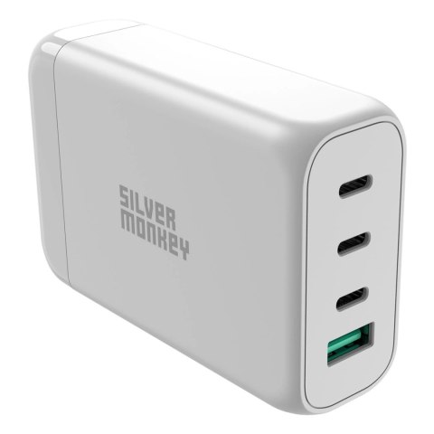Ładowarka GaN Silver Monkey SMA152 130W 3xUSB-C PD USB-A QC 3.0 z odłączanym kablem zasilającym - biała Ładowarka GaN Silver Monkey SMA152 130W 3xUSB-C PD USB-A QC 3.0 z odłączanym kablem zasilającym - biała