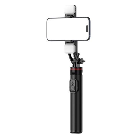 Selfie stick WC12YDS teleskopowy tripod 1.3m ze stopu aluminium z podwójną lampą i uchwytem na telefon - czarny Selfie stick WC12YDS teleskopowy tripod 1.3m ze stopu aluminium z podwójną lampą i uchwytem na telefon - czarny