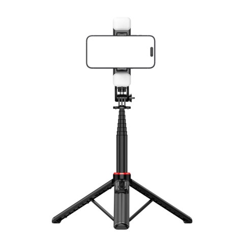 Selfie stick WC12YDS teleskopowy tripod 1.3m ze stopu aluminium z podwójną lampą i uchwytem na telefon - czarny Selfie stick WC12YDS teleskopowy tripod 1.3m ze stopu aluminium z podwójną lampą i uchwytem na telefon - czarny