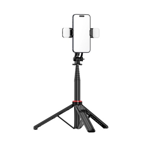 Selfie stick WC12YDS teleskopowy tripod 1.3m ze stopu aluminium z podwójną lampą i uchwytem na telefon - czarny Selfie stick WC12YDS teleskopowy tripod 1.3m ze stopu aluminium z podwójną lampą i uchwytem na telefon - czarny