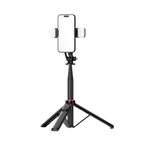 Selfie stick WC12YDS teleskopowy tripod 1.3m ze stopu aluminium z podwójną lampą i uchwytem na telefon - czarny Selfie stick WC12YDS teleskopowy tripod 1.3m ze stopu aluminium z podwójną lampą i uchwytem na telefon - czarny