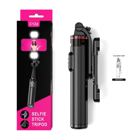 Selfie stick WC12YDS teleskopowy tripod 1.3m ze stopu aluminium z podwójną lampą i uchwytem na telefon - czarny Selfie stick WC12YDS teleskopowy tripod 1.3m ze stopu aluminium z podwójną lampą i uchwytem na telefon - czarny