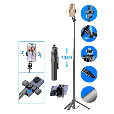 Selfie stick WC12YDS teleskopowy tripod 1.3m ze stopu aluminium z podwójną lampą i uchwytem na telefon - czarny Selfie stick WC12YDS teleskopowy tripod 1.3m ze stopu aluminium z podwójną lampą i uchwytem na telefon - czarny