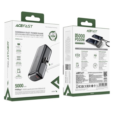 Powerbank Acefast M9 5000mAh USB-C (męski) / USB-C (żeński) PD 20W - czarny Powerbank Acefast M9 5000mAh USB-C (męski) / USB-C (żeński) PD 20W - czarny