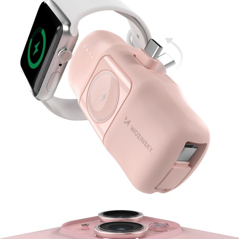Mini powerbank Wozinsky WF16-YCS 5000mAh 15W USB-C z wbudowanym kablem USB-C i ładowarką do Apple Watch - różowy Mini powerbank Wozinsky WF16-YCS 5000mAh 15W USB-C z wbudowanym kablem USB-C i ładowarką do Apple Watch - różowy