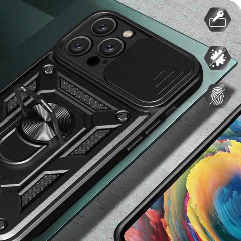 Etui Hybrid Armor Camshield na iPhone 16 Pro Max pancerne z osłoną na aparat z podstawką - czarne Etui Hybrid Armor Camshield na iPhone 16 Pro Max pancerne z osłoną na aparat z podstawką - czarne