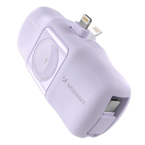 Mini powerbank Wozinsky WF16-YLS 5000mAh 15W Lightning z wbudowanym kablem USB-C i ładowarką do Apple Watch - fioletowy Mini powerbank Wozinsky WF16-YLS 5000mAh 15W Lightning z wbudowanym kablem USB-C i ładowarką do Apple Watch - fioletowy