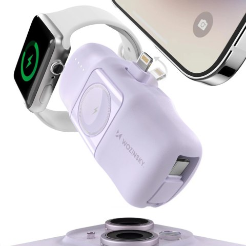 Mini powerbank Wozinsky WF16-YLS 5000mAh 15W Lightning z wbudowanym kablem USB-C i ładowarką do Apple Watch - fioletowy Mini powerbank Wozinsky WF16-YLS 5000mAh 15W Lightning z wbudowanym kablem USB-C i ładowarką do Apple Watch - fioletowy