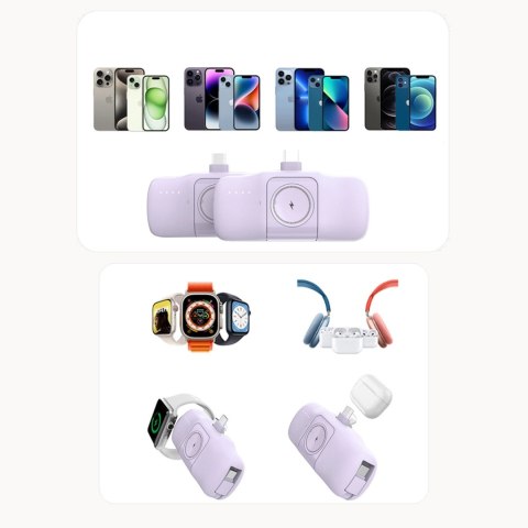 Mini powerbank Wozinsky WF16-YLS 5000mAh 15W Lightning z wbudowanym kablem USB-C i ładowarką do Apple Watch - fioletowy Mini powerbank Wozinsky WF16-YLS 5000mAh 15W Lightning z wbudowanym kablem USB-C i ładowarką do Apple Watch - fioletowy