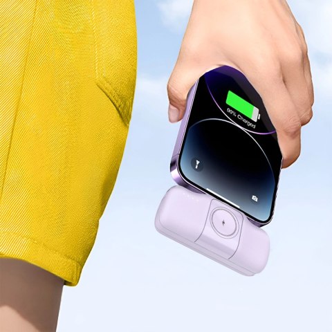 Mini powerbank Wozinsky WF16-YLS 5000mAh 15W Lightning z wbudowanym kablem USB-C i ładowarką do Apple Watch - fioletowy Mini powerbank Wozinsky WF16-YLS 5000mAh 15W Lightning z wbudowanym kablem USB-C i ładowarką do Apple Watch - fioletowy