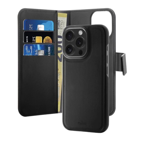 Etui z ekoskóry Puro Wallet Detachable MagSafe 2w1 z klapką i portfelem do iPhone 16 Pro - czarne Etui z ekoskóry Puro Wallet Detachable MagSafe 2w1 z klapką i portfelem do iPhone 16 Pro - czarne