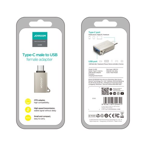 Adapter Joyroom S-H151 USB-C (męski) / USB-A (żeński) z oczkiem na smycz - srebrny Adapter Joyroom S-H151 USB-C (męski) / USB-A (żeński) z oczkiem na smycz - srebrny
