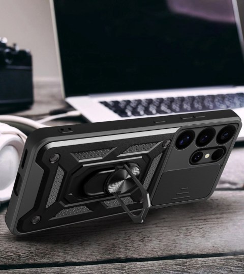 Etui pancerne Hybrid Armor Camshield z osłoną aparatu i metalowym ringiem do Samsung Galaxy S25 Ultra - czarne Etui pancerne Hybrid Armor Camshield z osłoną aparatu i metalowym ringiem do Samsung Galaxy S25 Ultra - czarne