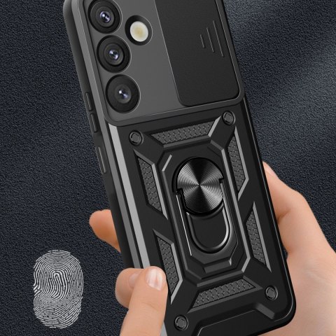 Etui pancerne Hybrid Armor Camshield z osłoną aparatu i metalowym ringiem do Samsung Galaxy S25+ - czarne Etui pancerne Hybrid Armor Camshield z osłoną aparatu i metalowym ringiem do Samsung Galaxy S25+ - czarne