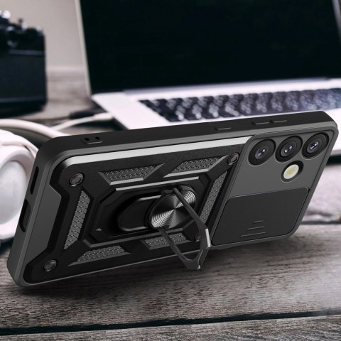 Etui pancerne Hybrid Armor Camshield z osłoną aparatu i metalowym ringiem do Samsung Galaxy S25+ - czarne Etui pancerne Hybrid Armor Camshield z osłoną aparatu i metalowym ringiem do Samsung Galaxy S25+ - czarne