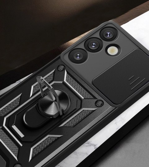 Etui pancerne Hybrid Armor Camshield z osłoną aparatu i metalowym ringiem do Samsung Galaxy S25+ - czarne Etui pancerne Hybrid Armor Camshield z osłoną aparatu i metalowym ringiem do Samsung Galaxy S25+ - czarne