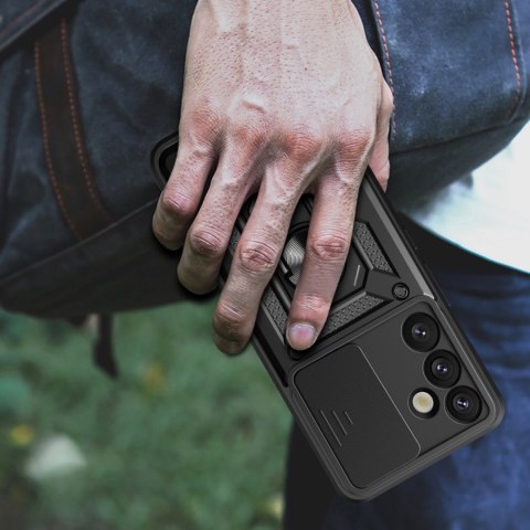 Etui pancerne Hybrid Armor Camshield z osłoną aparatu i metalowym ringiem do Samsung Galaxy S25+ - czarne Etui pancerne Hybrid Armor Camshield z osłoną aparatu i metalowym ringiem do Samsung Galaxy S25+ - czarne