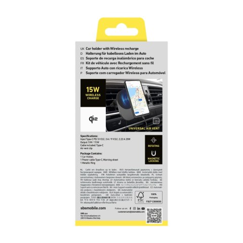Uchwyt z ładowarką bezprzewodową Qi2 SBS TESUPPVENTWIRQI215W kompatybilny z MagSafe - czarny Uchwyt z ładowarką bezprzewodową Qi2 SBS TESUPPVENTWIRQI215W kompatybilny z MagSafe - czarny
