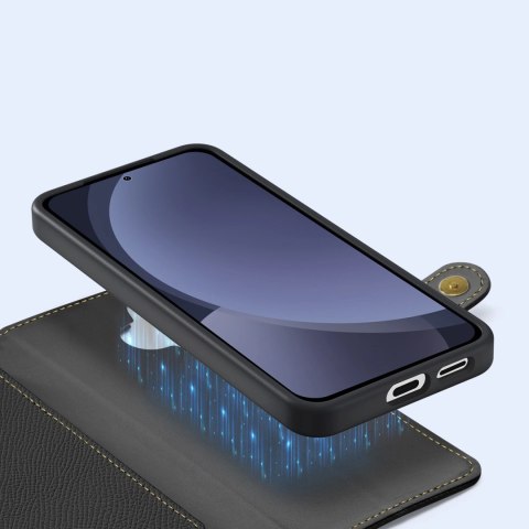 Etui skórzane Dux Ducis Lawa na Samsung Galaxy S25 z odłączanym portfelem magnetycznym - czarne Etui skórzane Dux Ducis Lawa na Samsung Galaxy S25 z odłączanym portfelem magnetycznym - czarne
