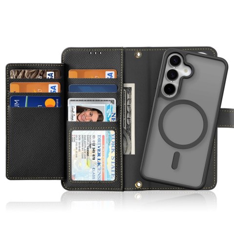 Etui skórzane Dux Ducis Lawa na Samsung Galaxy S25 z odłączanym portfelem magnetycznym - czarne Etui skórzane Dux Ducis Lawa na Samsung Galaxy S25 z odłączanym portfelem magnetycznym - czarne