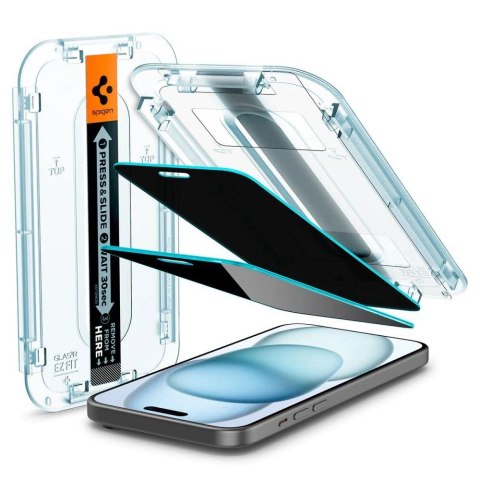 Szkło hartowane Spigen Glas.tR EzFit prywatyzujące na iPhone 15 / 16 z adapterem (2 szt.) Szkło hartowane Spigen Glas.tR EzFit prywatyzujące na iPhone 15 / 16 z adapterem (2 szt.)