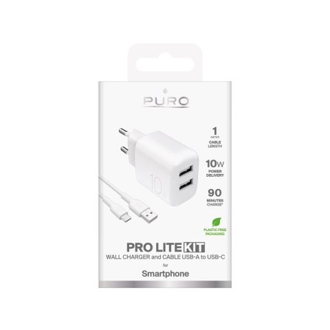 Ładowarka sieciowa Puro PROLITE 10W 2x USB-A + kabel USB-A - USB-C 1.2m - biała Ładowarka sieciowa Puro PROLITE 10W 2x USB-A + kabel USB-A - USB-C 1.2m - biała