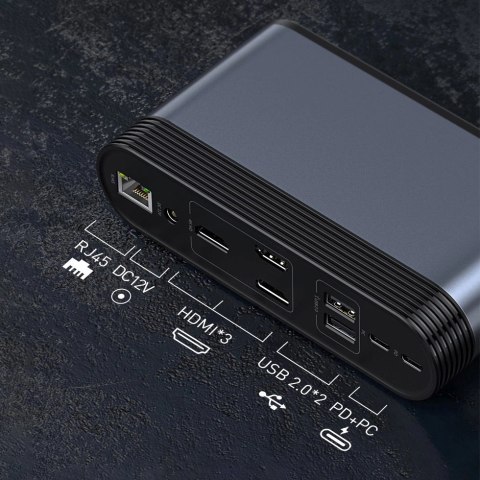 HUB Baseus CAHUB-DG0G 3x USB 3.2 Gen 1 / 2x USB-A / 2x USB-C / czytnik kart SD, micro SD / AUX / 3x HDMI / RJ45 PD 100W (wtyczki HUB Baseus CAHUB-DG0G 3x USB 3.2 Gen 1 / 2x USB-A / 2x USB-C / czytnik kart SD, micro SD / AUX / 3x HDMI / RJ45 PD 100W (wtyczki