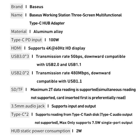 HUB Baseus CAHUB-DG0G 3x USB 3.2 Gen 1 / 2x USB-A / 2x USB-C / czytnik kart SD, micro SD / AUX / 3x HDMI / RJ45 PD 100W (wtyczki HUB Baseus CAHUB-DG0G 3x USB 3.2 Gen 1 / 2x USB-A / 2x USB-C / czytnik kart SD, micro SD / AUX / 3x HDMI / RJ45 PD 100W (wtyczki