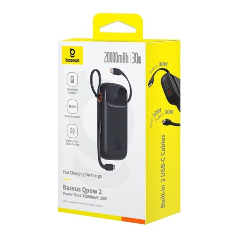 Powerbank Baseus QPow 2 20000mAh 30W z 2 wbudowanymi kablami USB-C - czarny Powerbank Baseus QPow 2 20000mAh 30W z 2 wbudowanymi kablami USB-C - czarny
