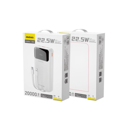 Powerbank Dudao K15Pro 20000mAh 22.5W PD USB-C / USB-A / wbudowane kable Lightning i USB-C - biały Powerbank Dudao K15Pro 20000mAh 22.5W PD USB-C / USB-A / wbudowane kable Lightning i USB-C - biały