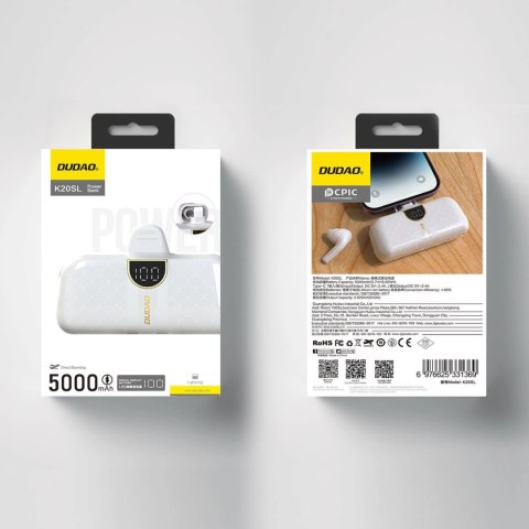 Powerbank Dudao K20SL 5000mAh mini ze złączami Lightning / USB-C - biały Powerbank Dudao K20SL 5000mAh mini ze złączami Lightning / USB-C - biały