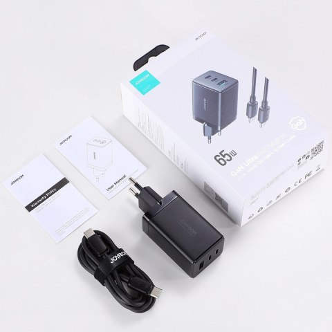 Joyroom szybka ładowarka GaN 65W USB-A, 2x USB-C czarna + kabel USB-C - USB-C 100W 1.2m (TCG01) Joyroom szybka ładowarka GaN 65W USB-A, 2x USB-C czarna + kabel USB-C - USB-C 100W 1.2m (TCG01)