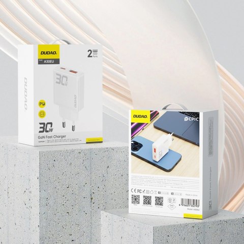 Ładowarka sieciowa GaN Dudao A30EU 30W USB-A / USB-C - biała Ładowarka sieciowa GaN Dudao A30EU 30W USB-A / USB-C - biała