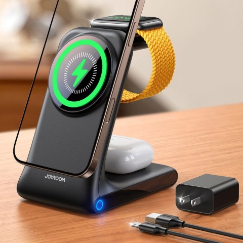 Ładowarka bezprzewodowa Joyroom JR-W15 3 w 1 stacja ładująca z MagSafe - czarna Ładowarka bezprzewodowa Joyroom JR-W15 3 w 1 stacja ładująca z MagSafe - czarna
