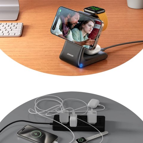 Ładowarka bezprzewodowa Joyroom JR-W15 3 w 1 stacja ładująca z MagSafe - czarna Ładowarka bezprzewodowa Joyroom JR-W15 3 w 1 stacja ładująca z MagSafe - czarna