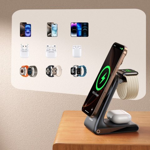Ładowarka bezprzewodowa Joyroom JR-W15 3 w 1 stacja ładująca z MagSafe - czarna Ładowarka bezprzewodowa Joyroom JR-W15 3 w 1 stacja ładująca z MagSafe - czarna