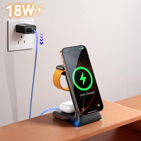 Ładowarka bezprzewodowa Joyroom JR-W15 3 w 1 stacja ładująca z MagSafe - czarna Ładowarka bezprzewodowa Joyroom JR-W15 3 w 1 stacja ładująca z MagSafe - czarna