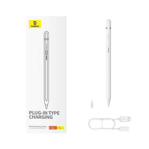 Rysik z aktywną końcówką Baseus Smooth Writing 2 do iPad + kabel USB-A - Lightning i wymienna końcówka - biały Rysik z aktywną końcówką Baseus Smooth Writing 2 do iPad + kabel USB-A - Lightning i wymienna końcówka - biały