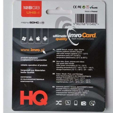Imro karta pamięci 128GB microSDHC kl. 10 UHS-I + adapter Imro karta pamięci 128GB microSDHC kl. 10 UHS-I + adapter
