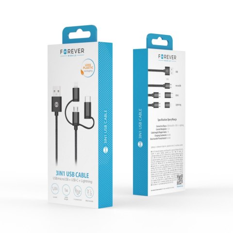 Forever kabel 3w1 USB - Lightning + USB-C + microUSB 1,0 m 1,5A czarny Forever kabel 3w1 USB - Lightning + USB-C + microUSB 1,0 m 1,5A czarny