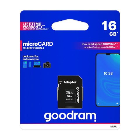 GoodRam karta pamięci 16GB microSDHC kl. 10 UHS-I + adapter GoodRam karta pamięci 16GB microSDHC kl. 10 UHS-I + adapter