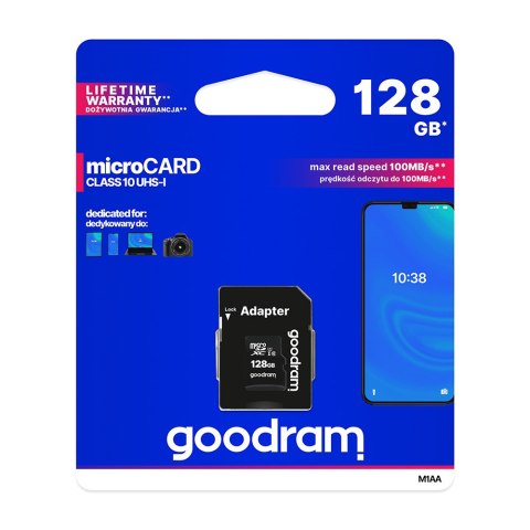 GoodRam karta pamięci 128GB microSDXC kl. 10 UHS-I 100 / 10 MB/s + adapter GoodRam karta pamięci 128GB microSDXC kl. 10 UHS-I 100 / 10 MB/s + adapter