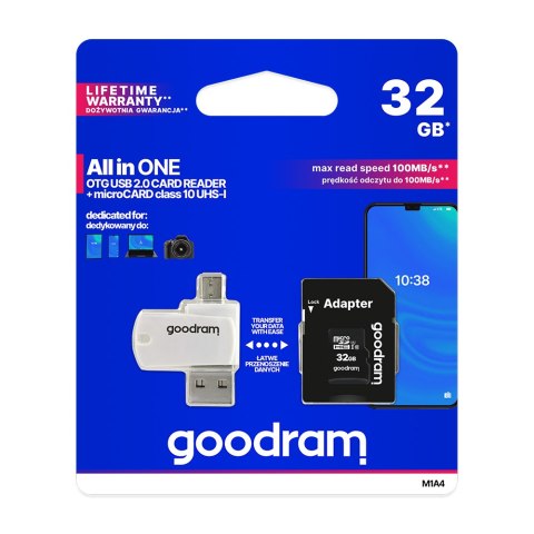 GoodRam karta pamięci 32GB microSDHC kl. 10 UHS-I + adapter + czytnik kart GoodRam karta pamięci 32GB microSDHC kl. 10 UHS-I + adapter + czytnik kart