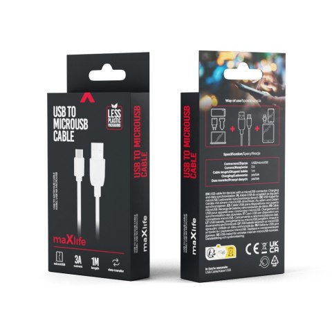 Maxlife kabel USB - microUSB 1,0 m 3A biały Maxlife kabel USB - microUSB 1,0 m 3A biały