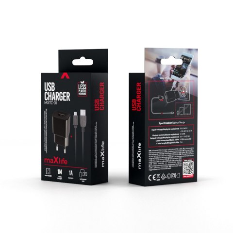 Maxlife ładowarka sieciowa MXTC-01 1x USB 1A czarna + kabel microUSB Maxlife ładowarka sieciowa MXTC-01 1x USB 1A czarna + kabel microUSB