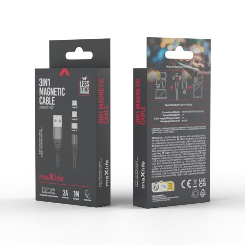Maxlife kabel magnetyczny MXUC-02 USB - Lightning + USB-C + microUSB 1,0 m 2A czarny nylonowy Maxlife kabel magnetyczny MXUC-02 USB - Lightning + USB-C + microUSB 1,0 m 2A czarny nylonowy