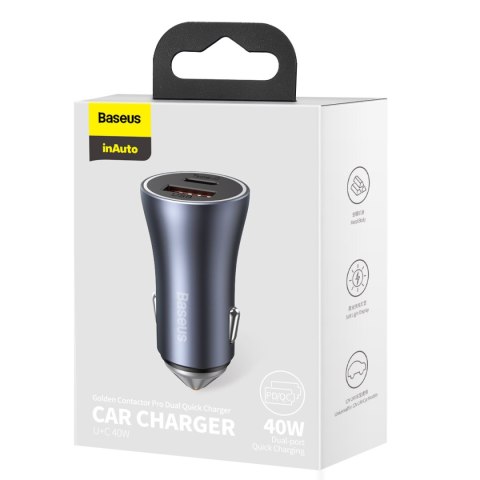 Baseus ładowarka samochodowa Golden Contactor Pro PD 40W 1x USB 1x USB-C szara Baseus ładowarka samochodowa Golden Contactor Pro PD 40W 1x USB 1x USB-C szara